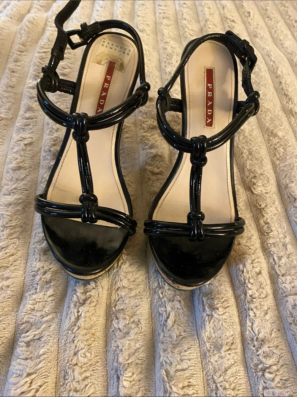 Prada Black Patent Cork Platform Sandals with Green Trim